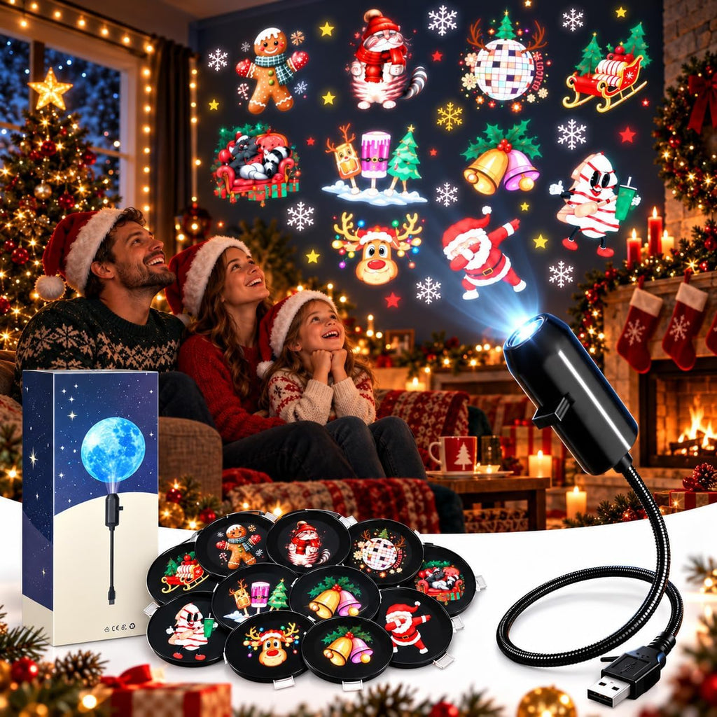 Plug and Play HD Christmas Projector, USB Christmas Projector Indoor USB 5V, 3W projector with flexible neck, slide accessory, and up to 9.2 ft projection distance for indoor holiday displays.