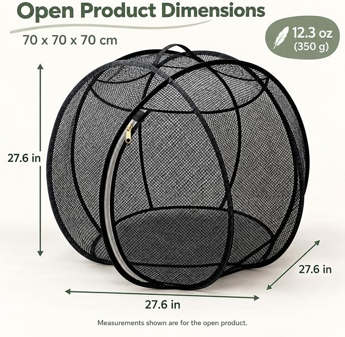rolling cat playpen with Top Handle, Foldable Mesh, 27.6 in (Black) Black mesh cat playpen with a top handle, zippered opening and foldable design; 27.6 x 27.6 x 27.6 in when open.
