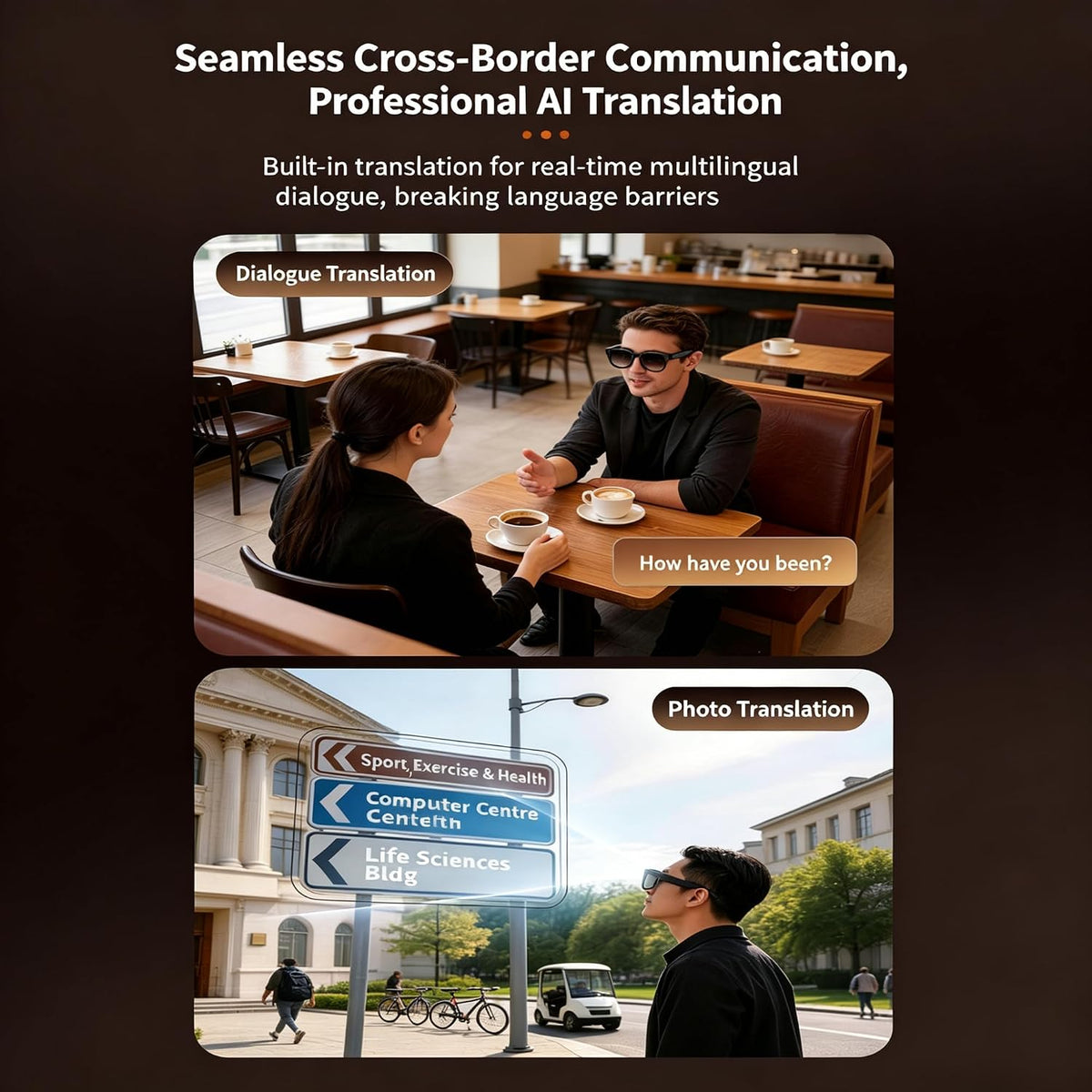 Smart AI Glasses with 13MP Camera, AI Translation, Voice Text, Bluetooth