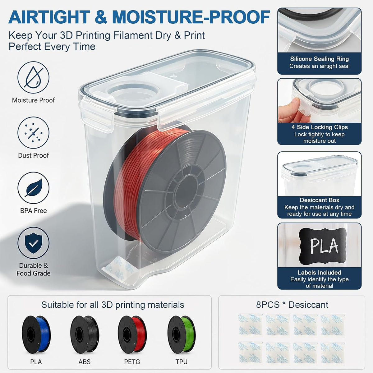 Filament Storage Box, Airtight Container for Single 500g Small Spools 4 pcs Transparent Airtight Dry Storage Boxes with Desiccants and Label for 3D Printer Filament Sealing and Protection