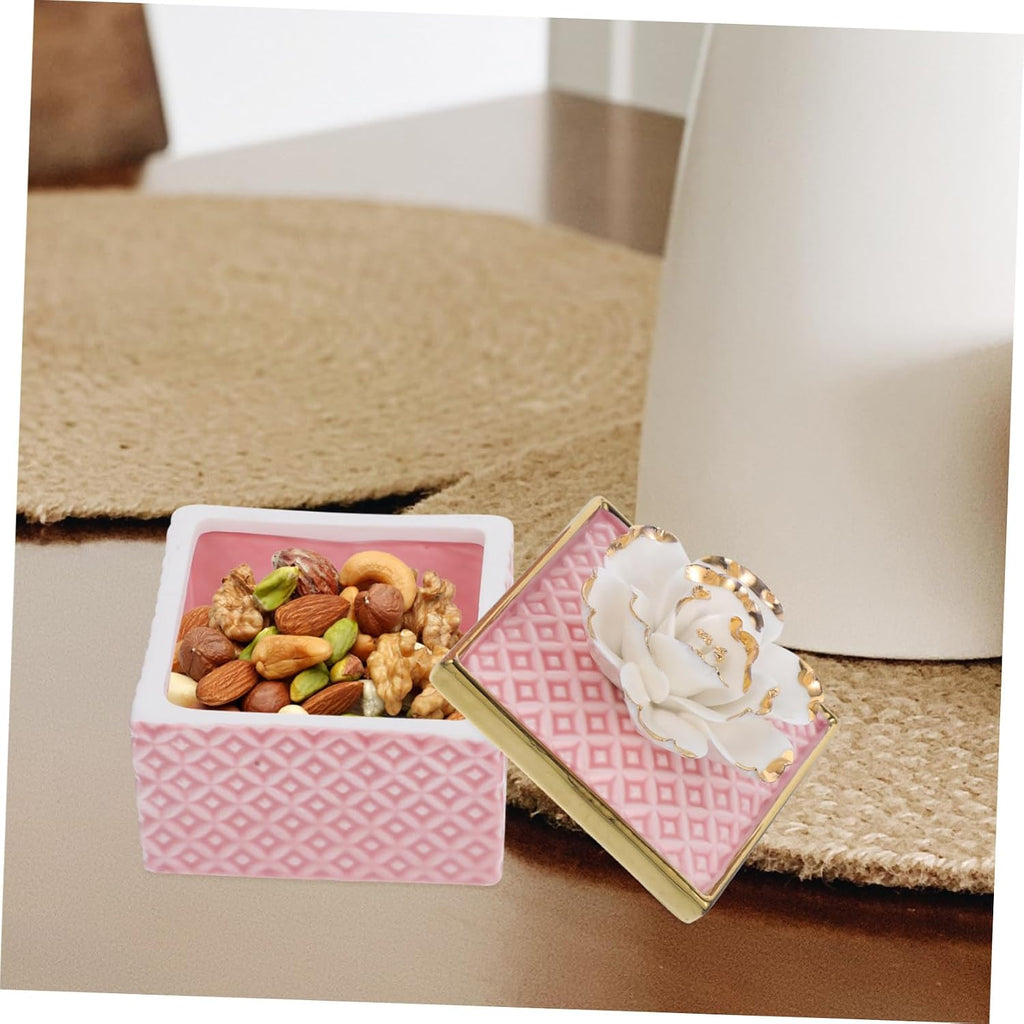 Pink Ceramic Trinket Box with Lid, Ring Holder for Jewelry Xmas