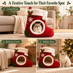 christmas stocking cat bed, Plush Indoor Cave with Non-Slip Base A festive christmas cat house with a soft plush interior and a sheltered space for indoor naps.