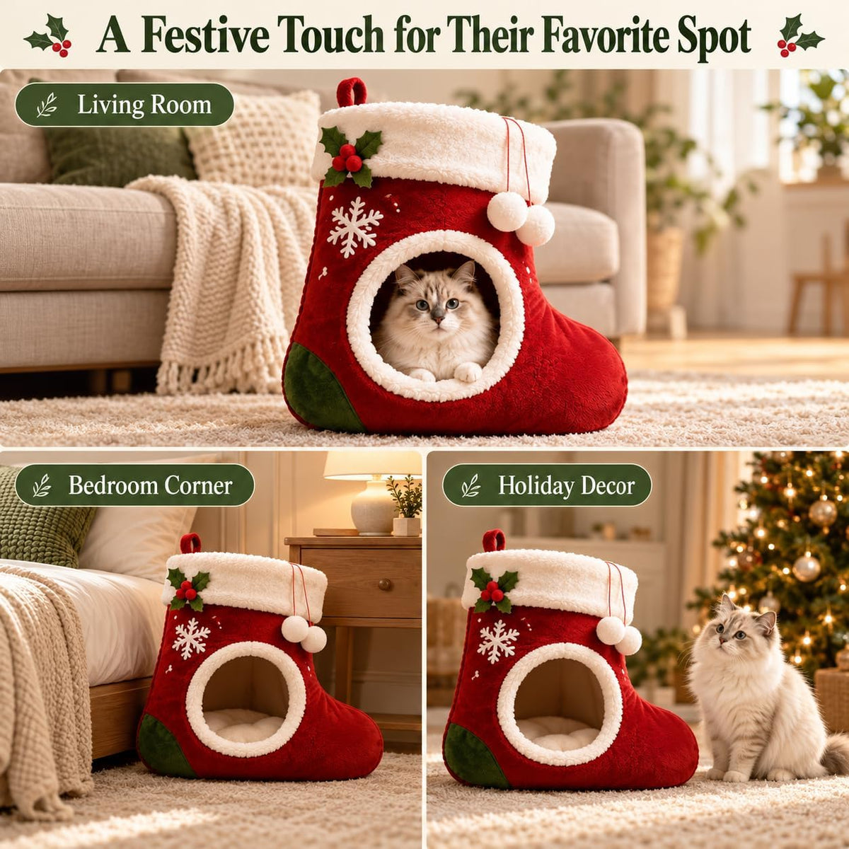 christmas stocking cat bed, Plush Indoor Cave with Non-Slip Base A festive christmas cat house with a soft plush interior and a sheltered space for indoor naps.
