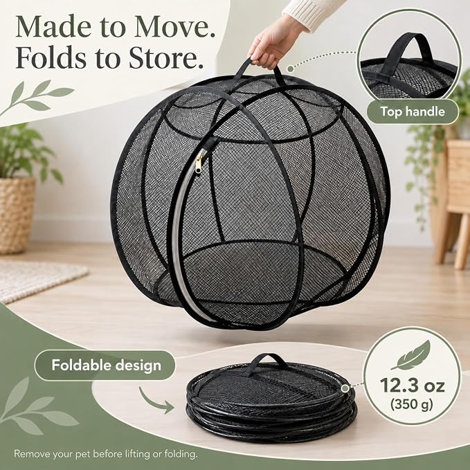 rolling cat playpen with Top Handle, Foldable Mesh, 27.6 in (Black) Black mesh cat playpen with a top handle, zippered opening and foldable design; 27.6 x 27.6 x 27.6 in when open.