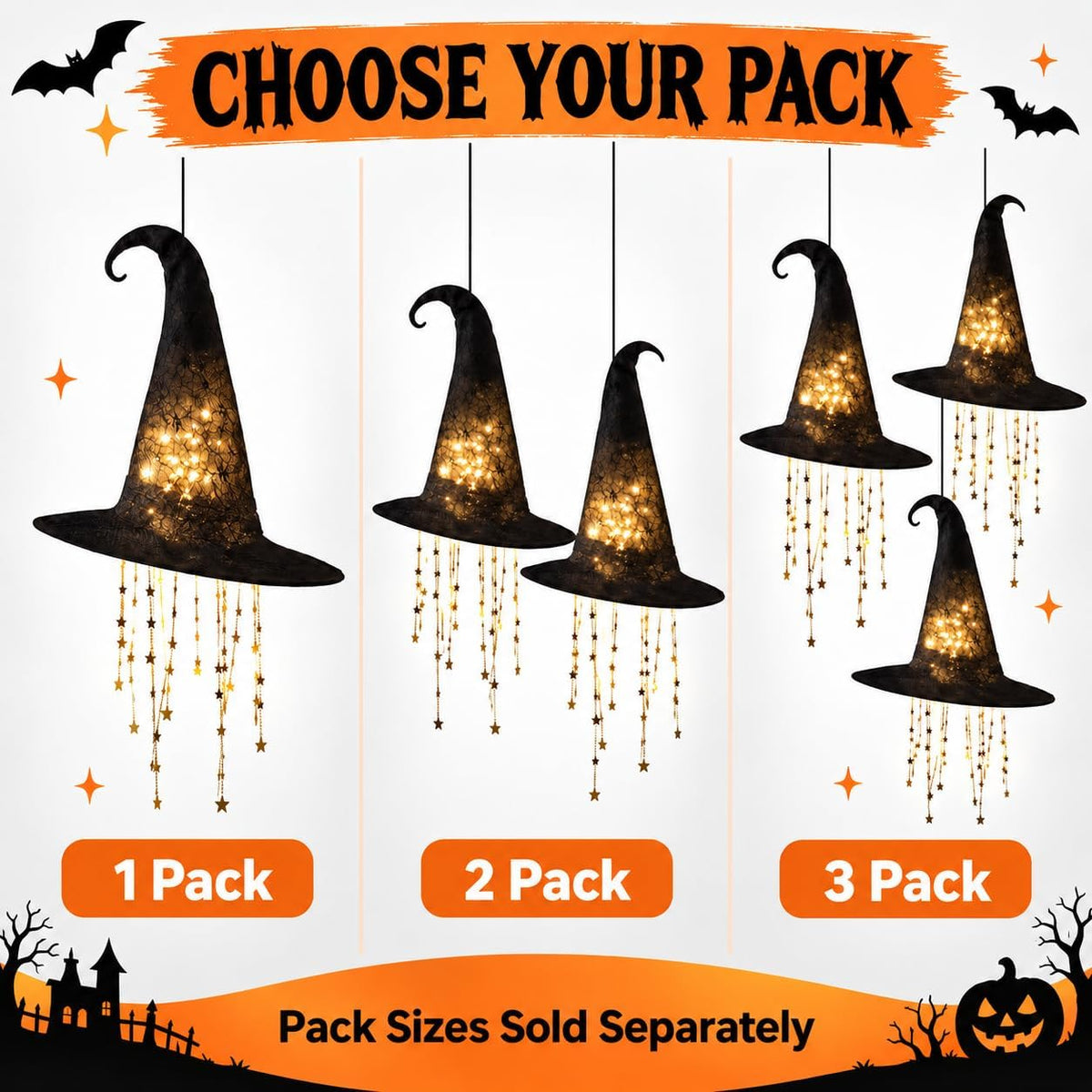 Lighted Witch Hat Hanging Decor, Fabric Witch Hat Lamp for Halloween (3 Pcs)