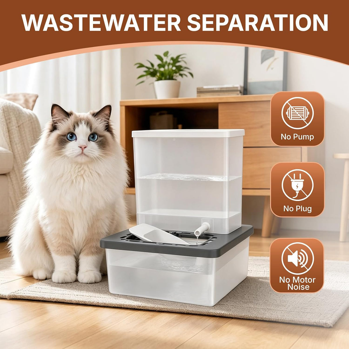 Pet Drinking Fountain, No Pump, Clean/Dirty Separation