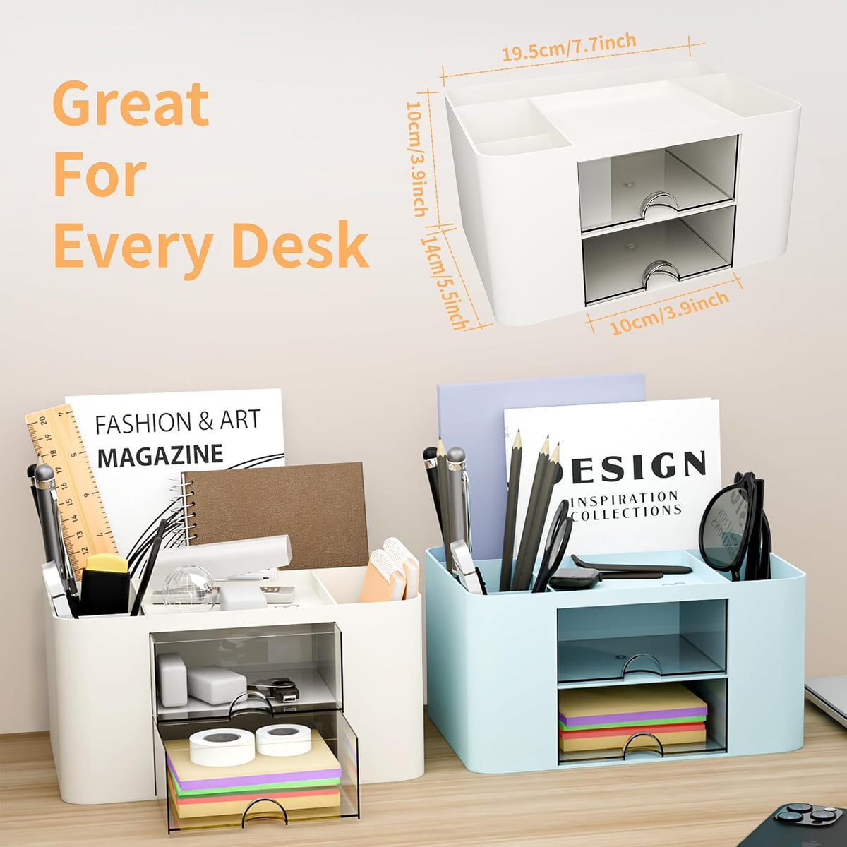 CasaCulina Desk Organizer with 2 Drawers, 5 Compartments, Blue