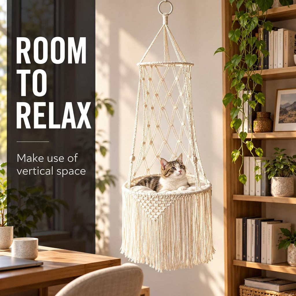Macrame Cat Bed Hanging, Handwoven Boho Hanging Cat Bed