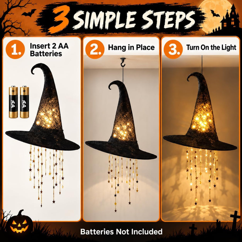 Lighted Witch Hat Hanging Decor, Fabric Witch Hat Lamp for Halloween (3 Pcs)