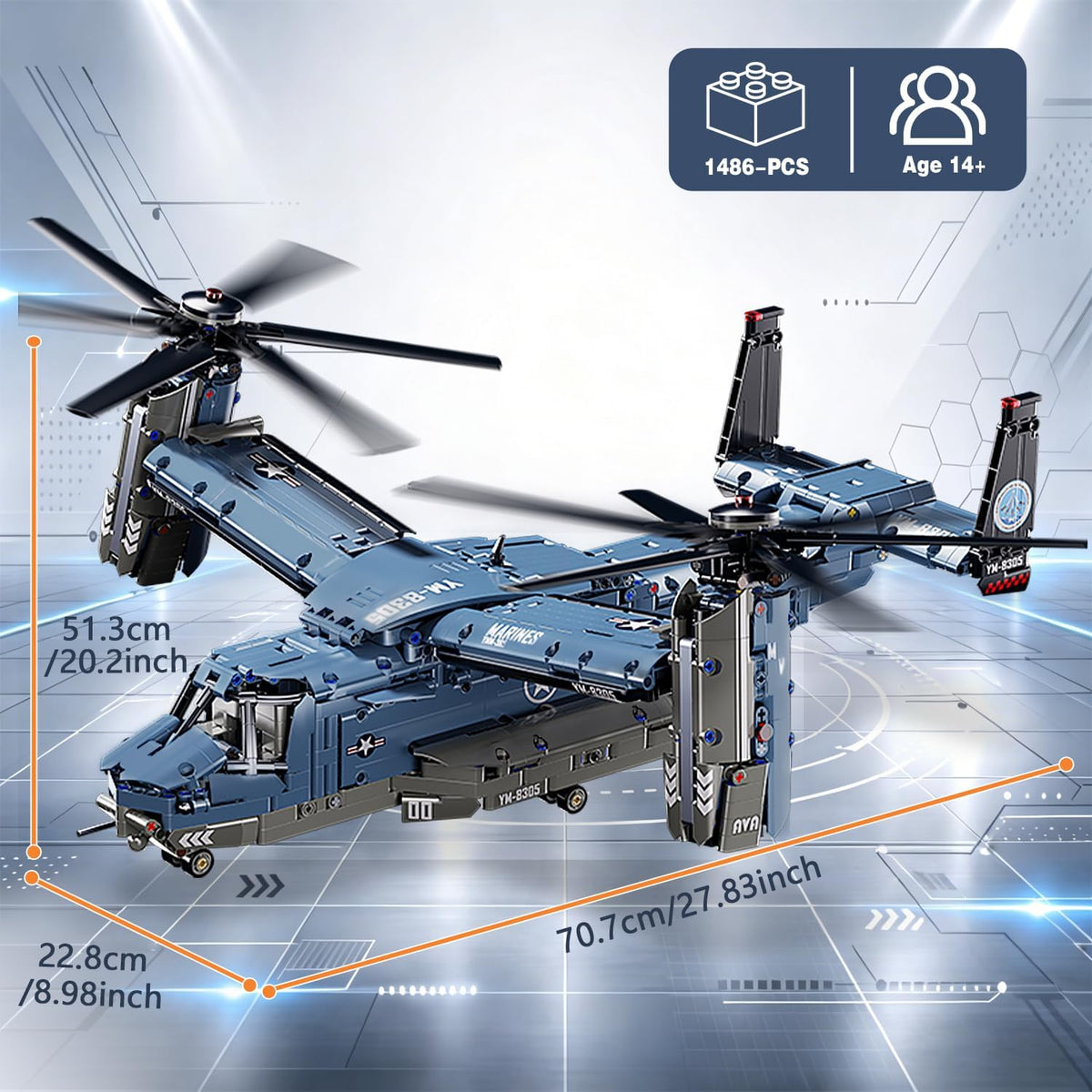 Military Helicopter Building Kit, V-22 Osprey Aircraft Model, 1,486 Pieces