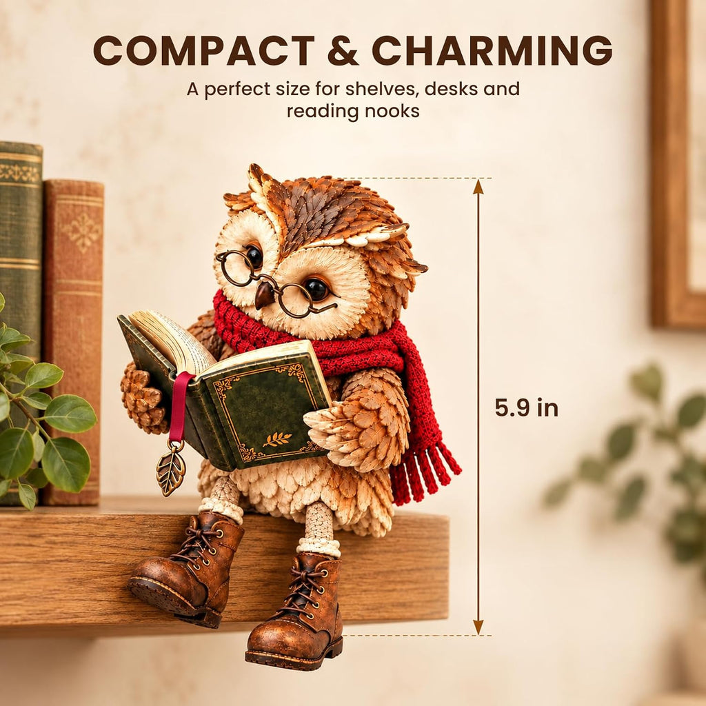 Reading Owl Figurine with Book, Glasses and Dangling Legs Shelf Decor (Red)