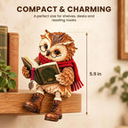 Reading Owl Figurine with Book, Glasses and Dangling Legs Shelf Decor (Red)
