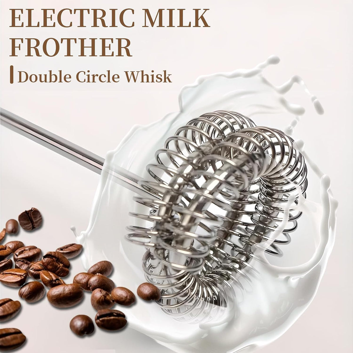 Rechargeable Handheld Milk Frother with 2 Whisk Heads & Stand, Black