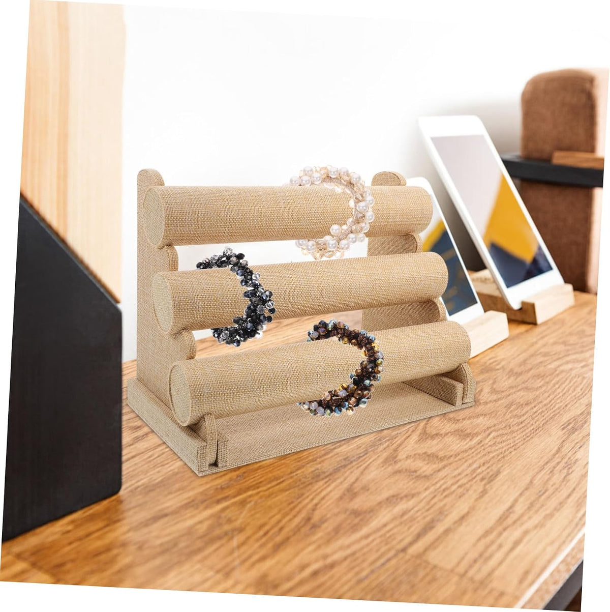 Bracelet Display Stand Multi Tier Tabletop Holder for Displays PVC Linen Wood Build, Beige Finish, Secure Platform for Collections, Versatile Use on Cases