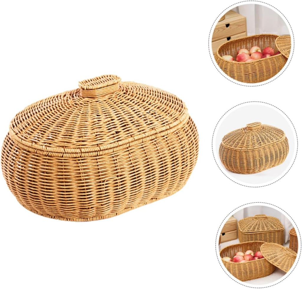 Rattan Woven Storage Basket Fruit Bin with Lid, Large Capacity Natural Decorative Design for Home Organization, Lightweight Strong Construction, for Snacks