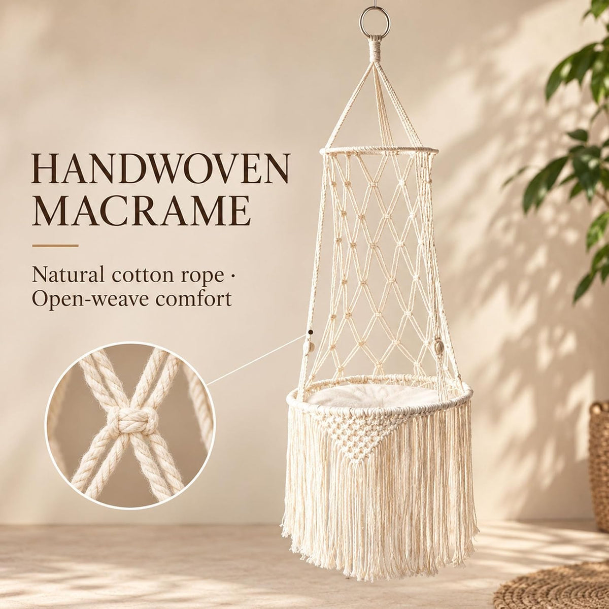 Macrame Cat Bed Hanging, Handwoven Boho Hanging Cat Bed