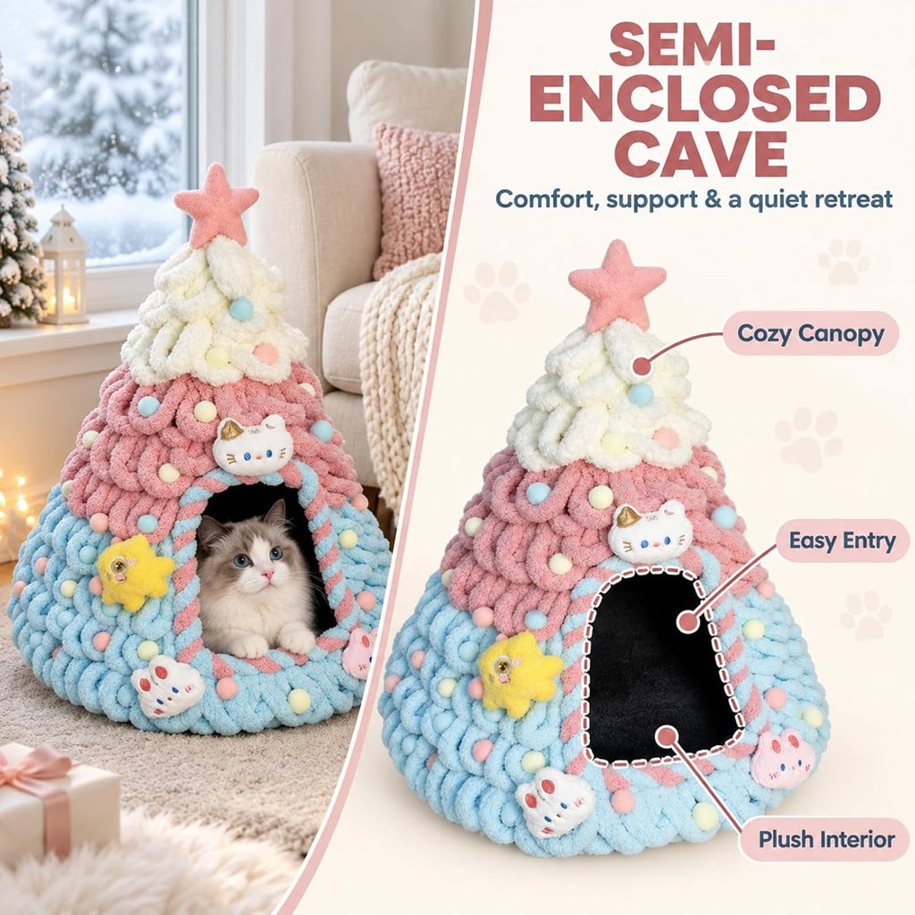 Christmas Tree Cat Bed Cave with Felt and Gauze，Pink