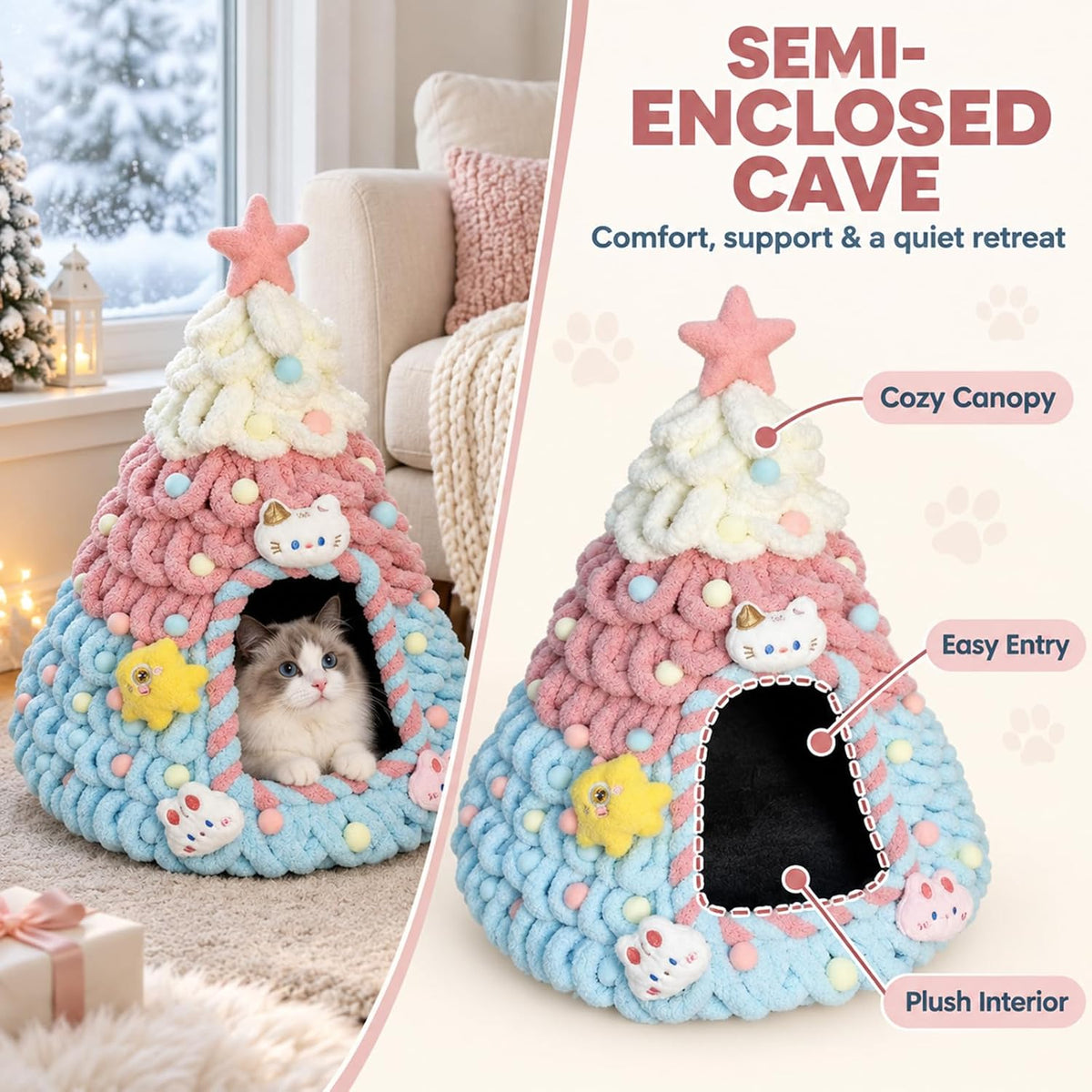 Christmas Tree Cat Bed Cave with Felt and Gauze，Pink