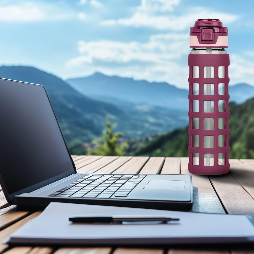 Glass Water Bottle with Straw, BPA-Free Borosilicate Bottle with Silicone Sleeve, Red
