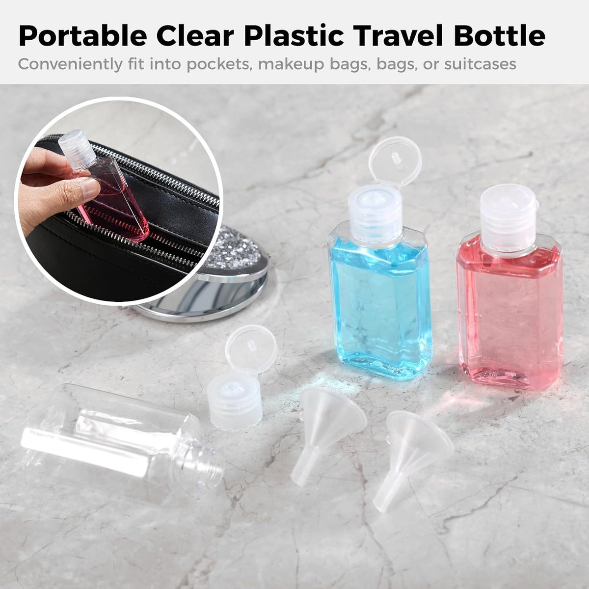 100 Pcs Travel Bottles, 2 oz Refillable Clear Squeeze Bottles with Flip Caps & Funnels for Cosmetics & Toiletries