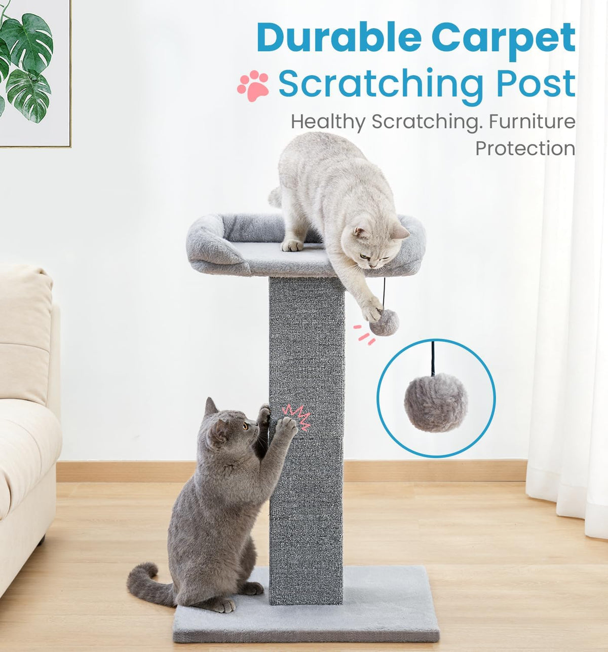 Made4Pets 32" Carpet Cat Scratching Post with Bed, Grey