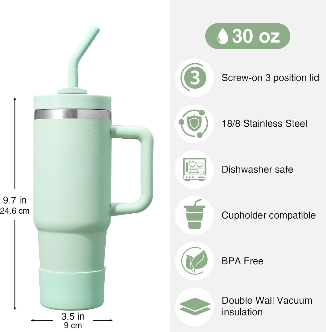 FlowOne Tumbler with Handle and Straw Lid 30 Oz– Insulated Stainless Steel Travel Mug – BPA-Free, Leakproof, Dishwasher Safe – Hot and Cold Drinkware – Car Cup Holder Fit