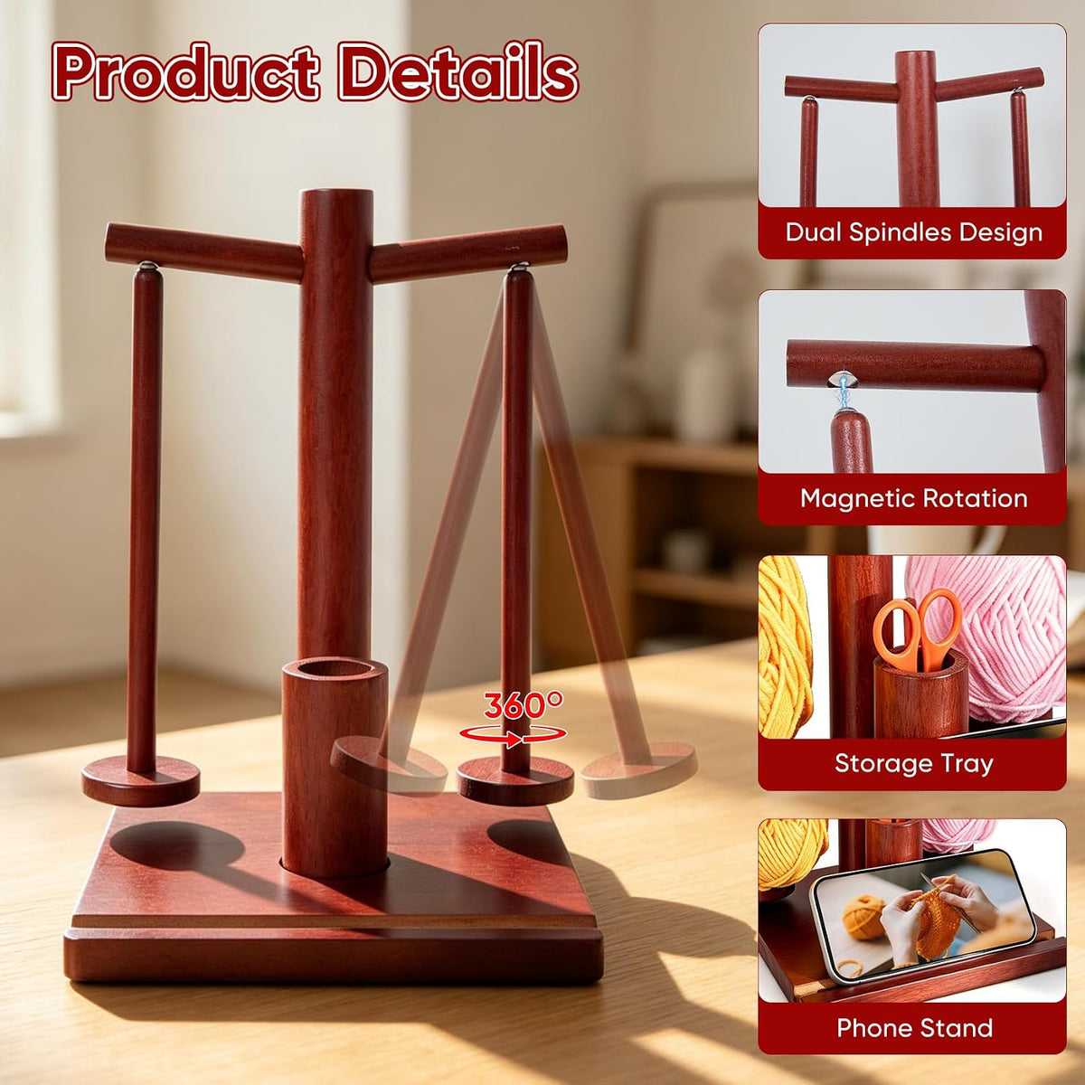 Wooden Yarn Holder for Crocheting and Knitting with Dual Magnetic Spindles