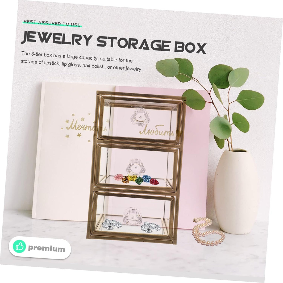 3-tier Jewelry Storage Box with Drawer Design, Golden Glass Alloy Closed Case, Tabletop Organization for Lip Gloss and Skin Care Bottles, Bathroom Counter or Office