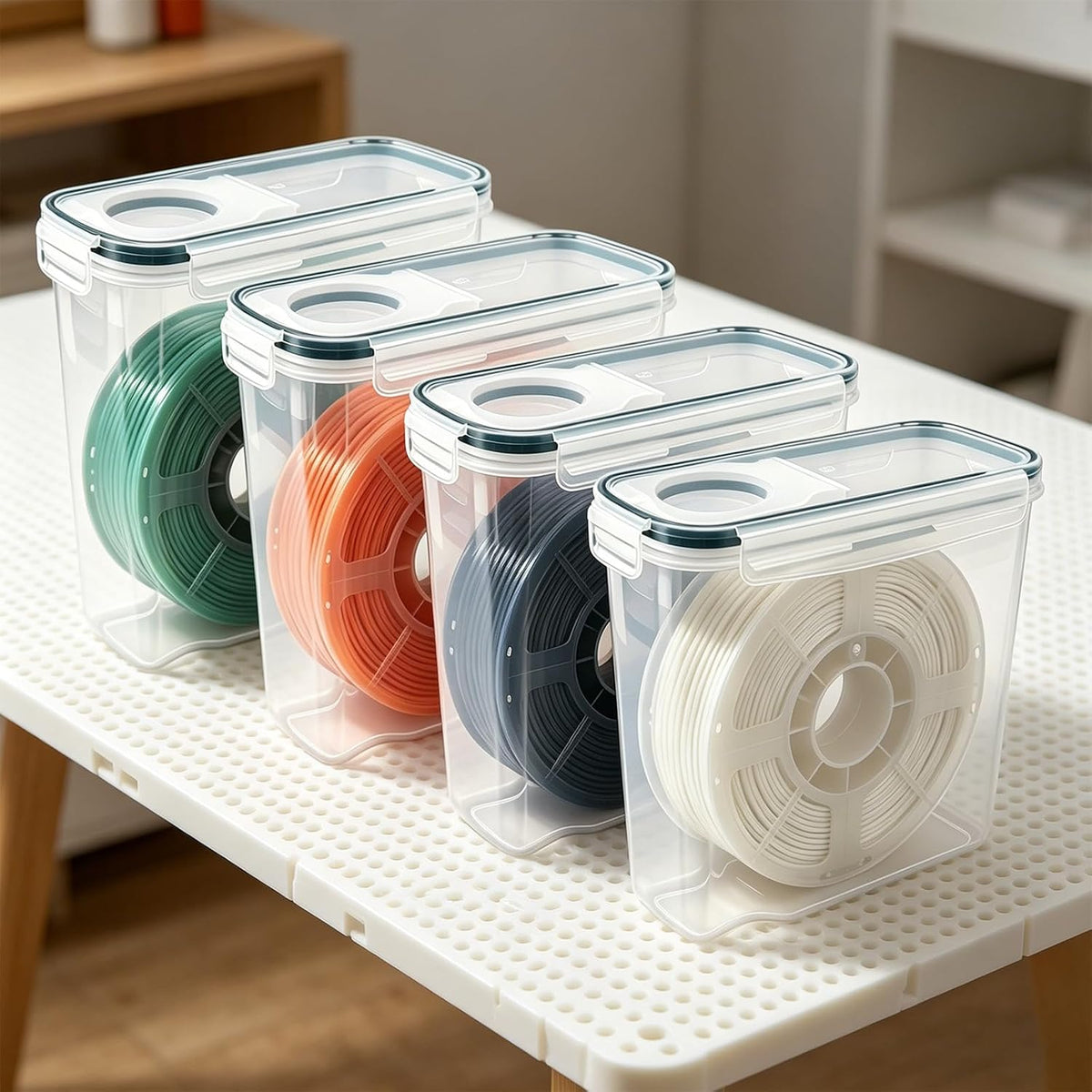 Filament Storage Box, Airtight Container for Single 500g Small Spools 4 pcs Transparent Airtight Dry Storage Boxes with Desiccants and Label for 3D Printer Filament Sealing and Protection