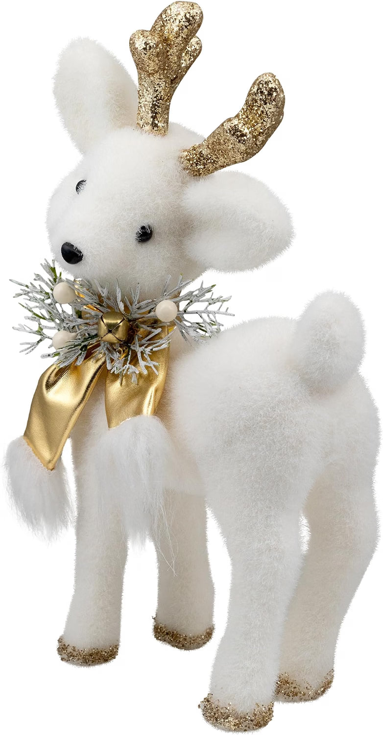 Glittered Standing Deer with Jingle Bell Christmas Figure - 12.25" - White and Gold