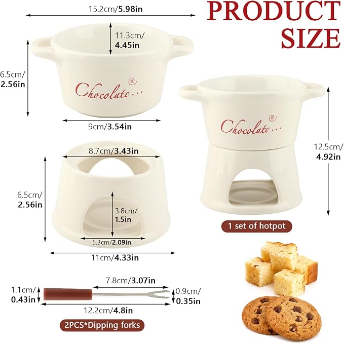 Fondue Pot Set, Ceramic Chocolate Melting Cup with 2 Forks, No Candles Mini Hot Pot Bowl can Melting Cheese Butter Chocolate Caramel, Gifts for Birthday Christmas Date Night Weddings Valentines