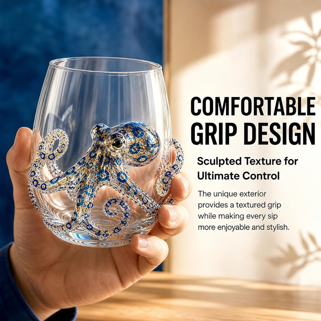 Blue Ringed Octopus Glassware, 3D Octopus Stemless Wine Glass, Marine Animal Drinkware For Coastal Home Bar Decor (1)