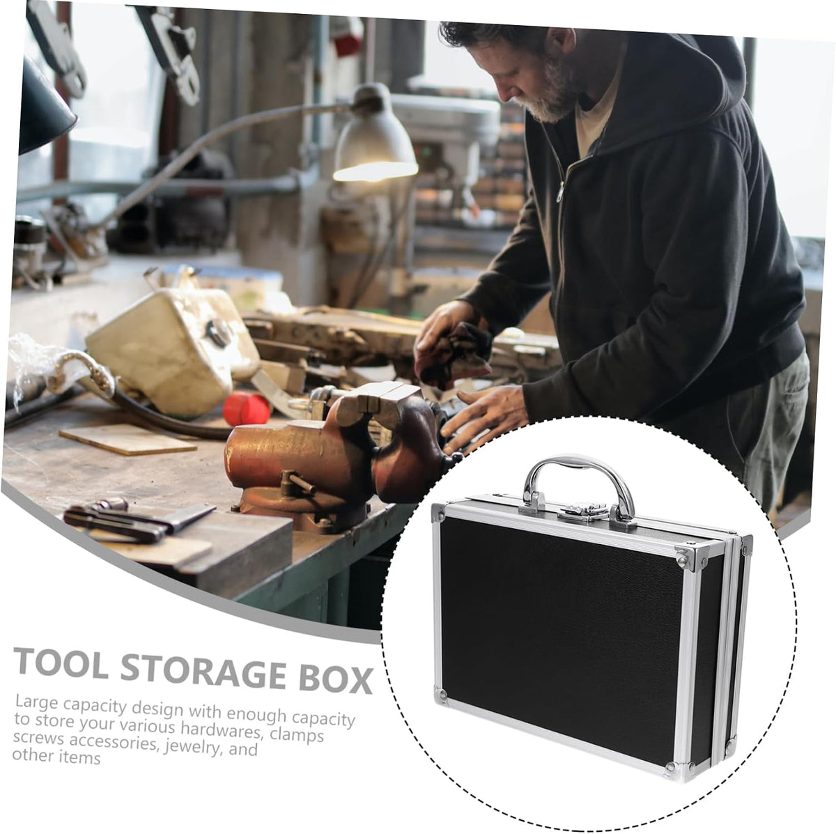 Tool Box Briefcase Aluminum Alloy Hard Shell for Office Travel Black Finish, Handle Design with Large Capacity Interior, Protects Valuables, Business Trip Storage Box