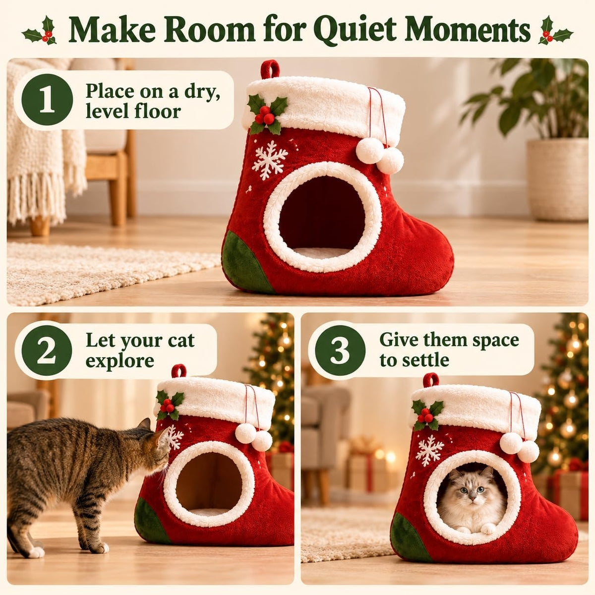 christmas stocking cat bed, Plush Indoor Cave with Non-Slip Base A festive christmas cat house with a soft plush interior and a sheltered space for indoor naps.