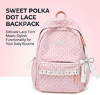 Coquette Backpack Light Yellow Lace Backpack With Bow Accessories, Cute Kawaii Daypack For Laptop, Polka Dot Design (Pink)