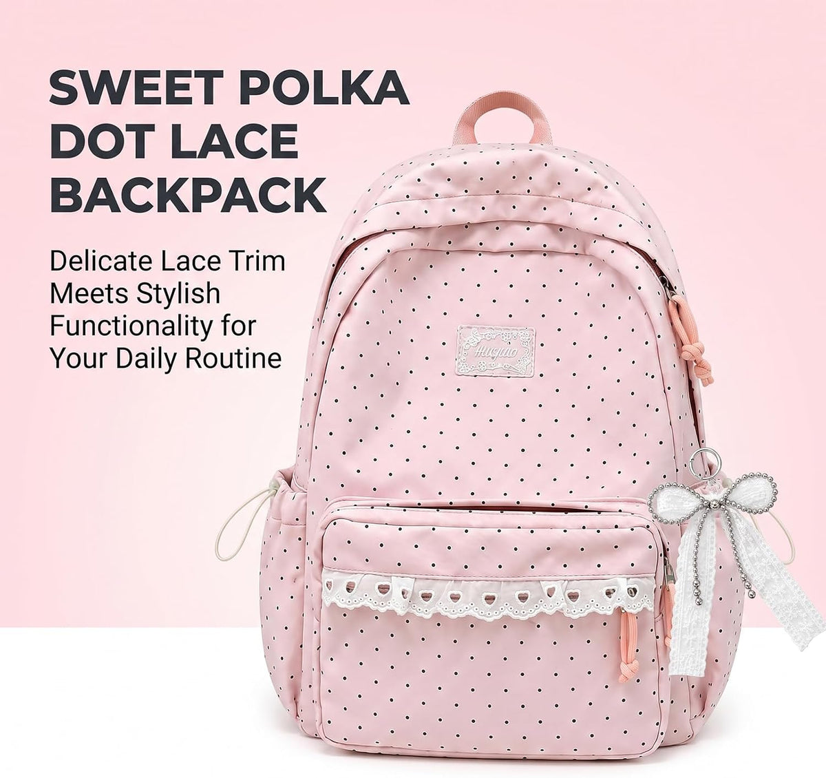Coquette Backpack Light Yellow Lace Backpack With Bow Accessories, Cute Kawaii Daypack For Laptop, Polka Dot Design (Pink)