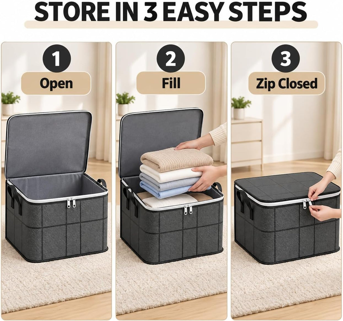 Foldable Storage Bag with Zipper, Clothes & Blanket Storage, S-XL (M) Nonwoven foldable storage bag with zippered lid and side handles; S/M/L/XL sizes for clothes, blankets, bedding and toys.