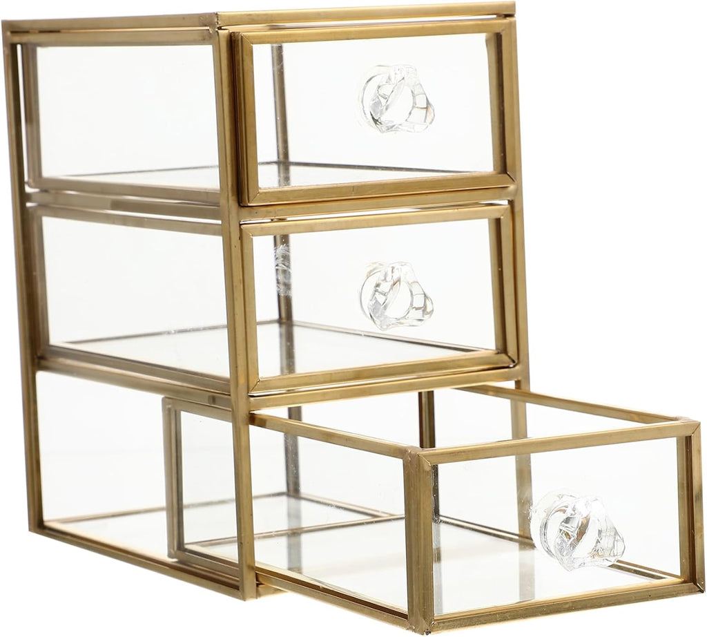3-tier Jewelry Storage Box with Drawer Design, Golden Glass Alloy Closed Case, Tabletop Organization for Lip Gloss and Skin Care Bottles, Bathroom Counter or Office