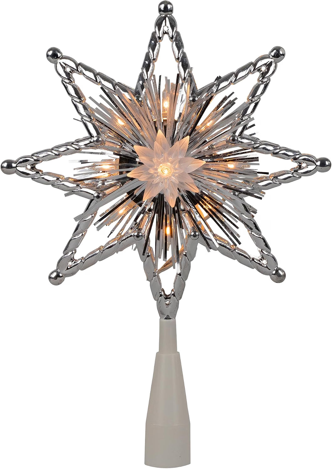 8" Lighted Silver Tinsel Star Christmas Tree Topper - Clear Lights, White Wire