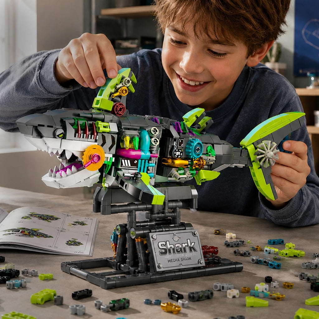 Mechanical Shark Building Set, Glow Shark Model with Rotatable Joints & Stand
