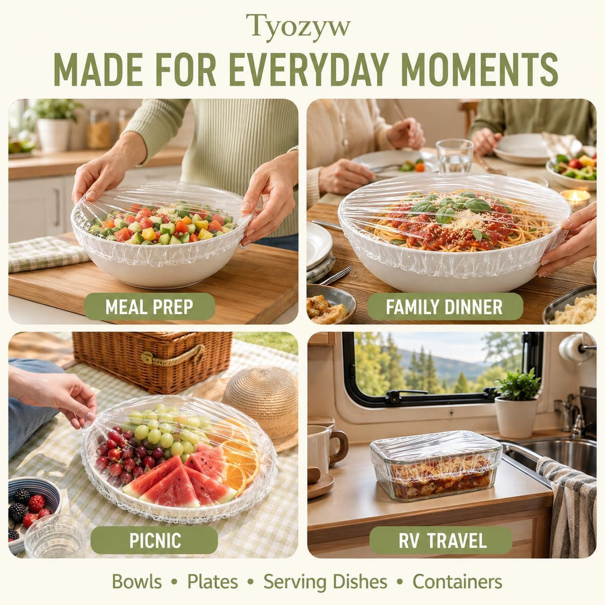 Disposable Elastic Food Covers, Clear PE (100 Pcs) Clear PE covers stretch approximately 15–15.7 in for bowls, plates and containers at home, parties, picnics or travel