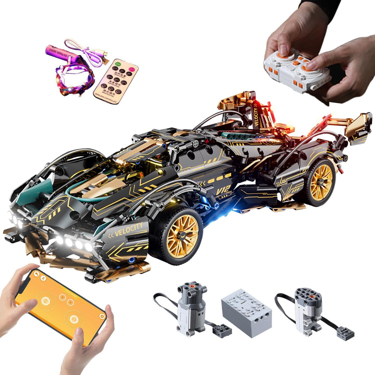 1:14 RC Sport Racing Car Building Blocks, Supercar MOC Model with LED