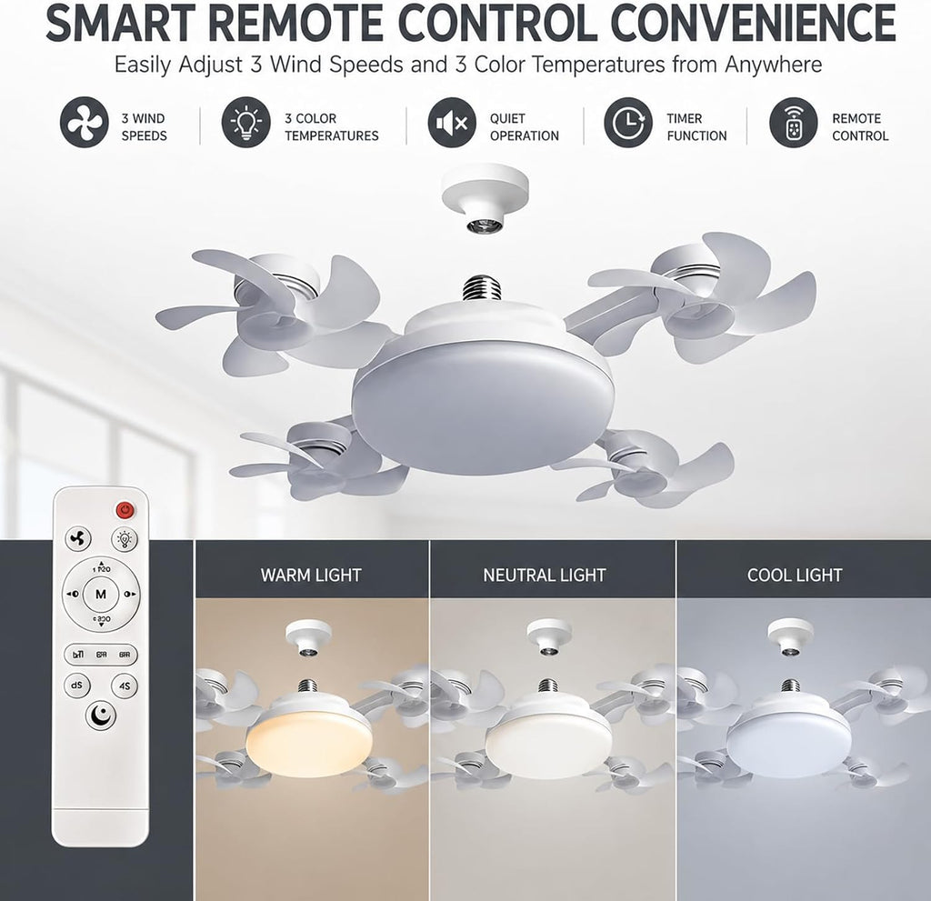 Socket Fan Light With Remote, LED Ceiling Fan Light, Socket Ceiling Fan With Light, 3 Speeds Fan And 3 Color Temperatures