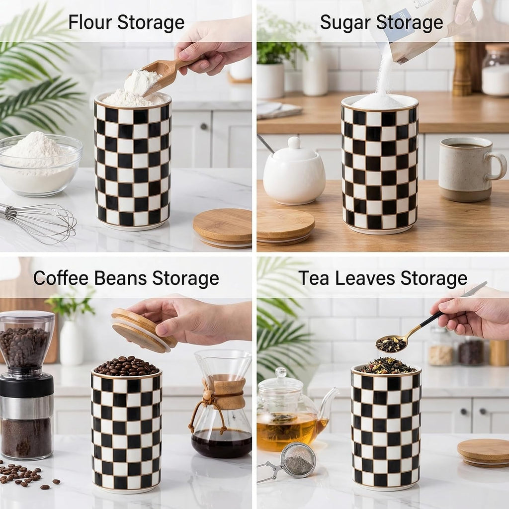 Ceramic Canister, Airtight Kitchen Canister for Coffee, Tea & More, Large Black Checkered