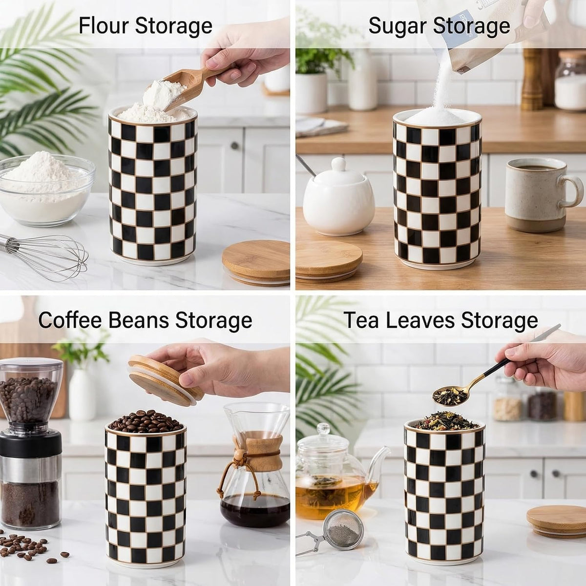 Ceramic Canister, Airtight Kitchen Canister for Coffee, Tea & More, Large Black Checkered