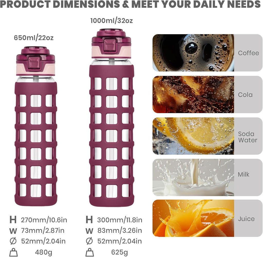 Glass Water Bottle with Straw, BPA-Free Borosilicate Bottle with Silicone Sleeve, Red