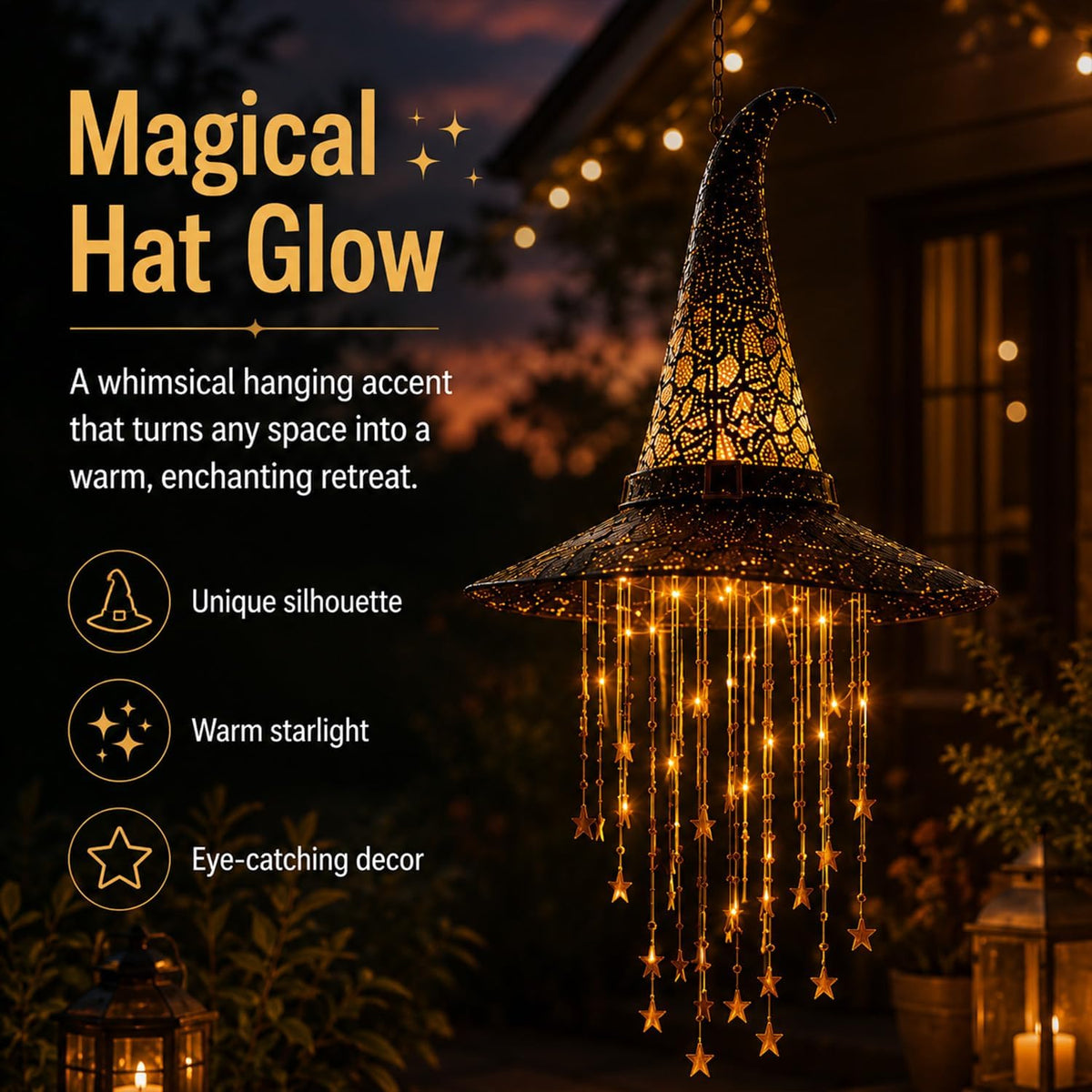 Lighted Witch Hat Hanging Chime, Halloween Hanging Witch Hats with Lights
