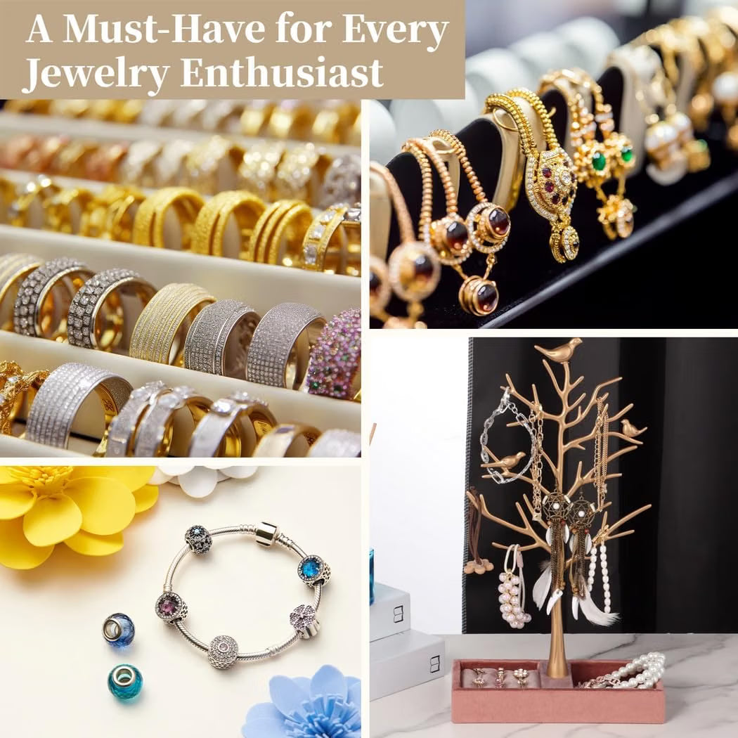 Tree Jewelry Rack with Wood Tray, Bird Jewelry Stand for Rings, Earrings, Necklaces & Bracelets