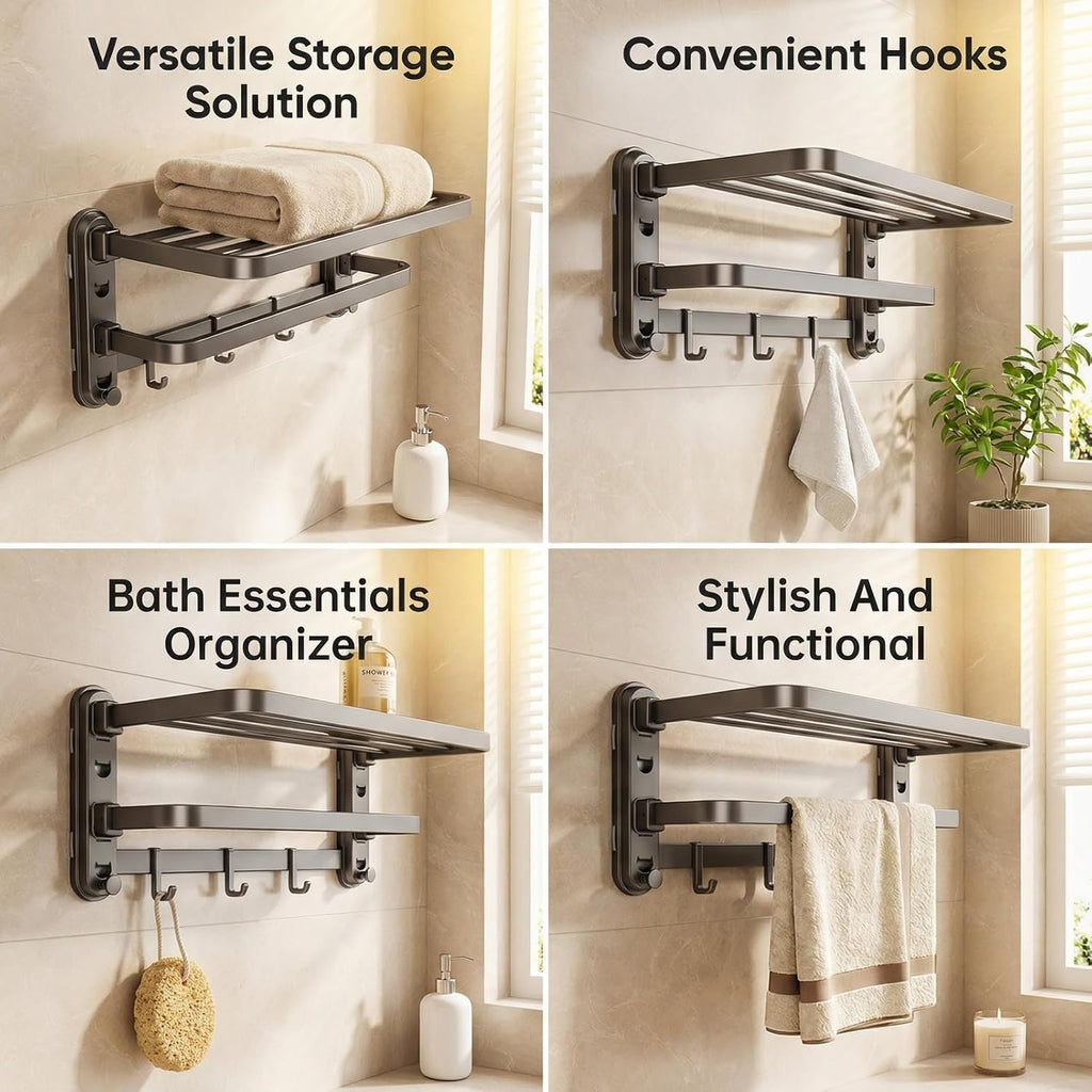 Bathroom Towel Rack, Double Foldable Wall Mounted Shelf with Suction Cups and Hooks