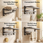 Bathroom Towel Rack, Double Foldable Wall Mounted Shelf with Suction Cups and Hooks